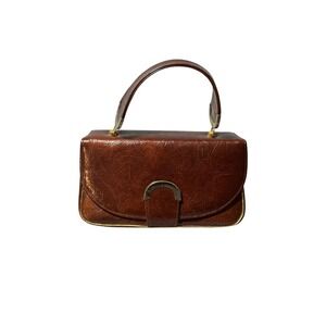 Vintage Risque Handbag Brown Crinkle Patent Faux Leather Top Handle Gold Trim